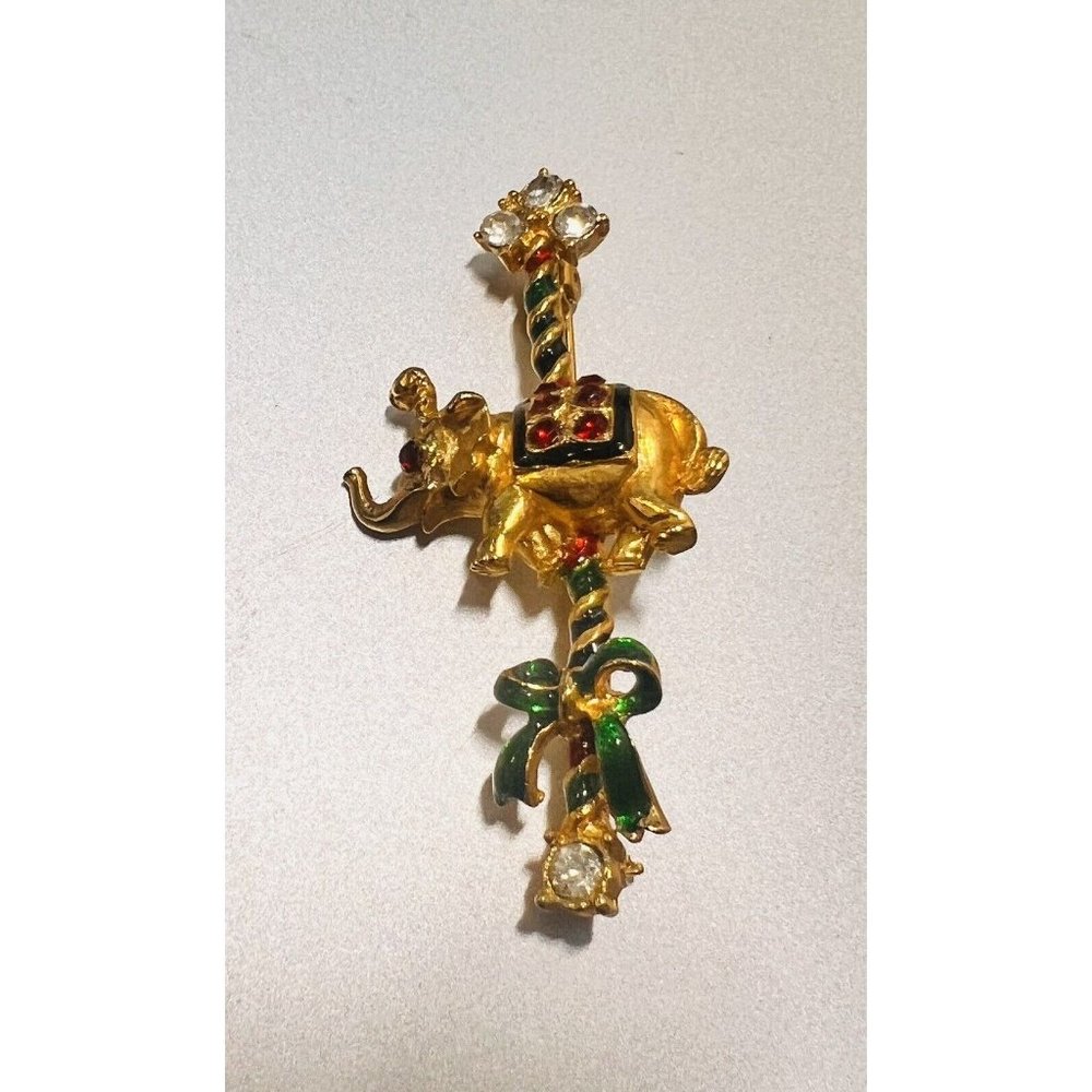 Christmas Pin with Gold Elephant Red Green Rhinestones Brooch 2 inch